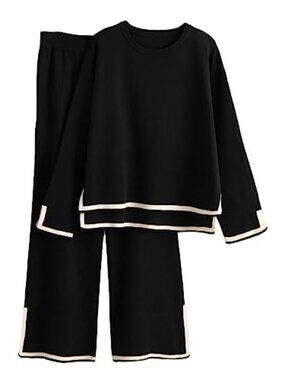 2 Piece Lounge Set Long Sleeve Knit Sweater Wide Leg Pants Tracksuit
